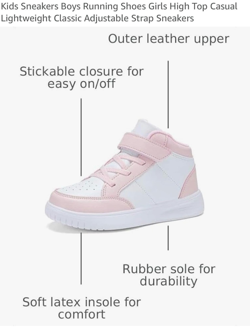 Kids High-Top Sneakers with Adjustable Strap - Pink & White